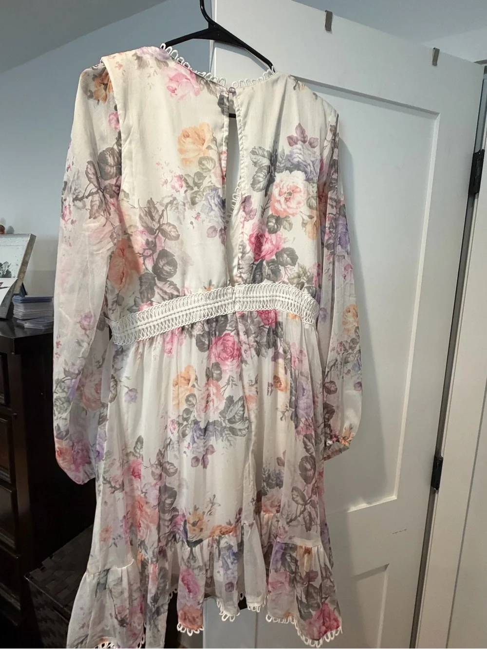 Lulu's White Floral Long-Sleeve Lace-Trim Dress - Picture 5 of 6